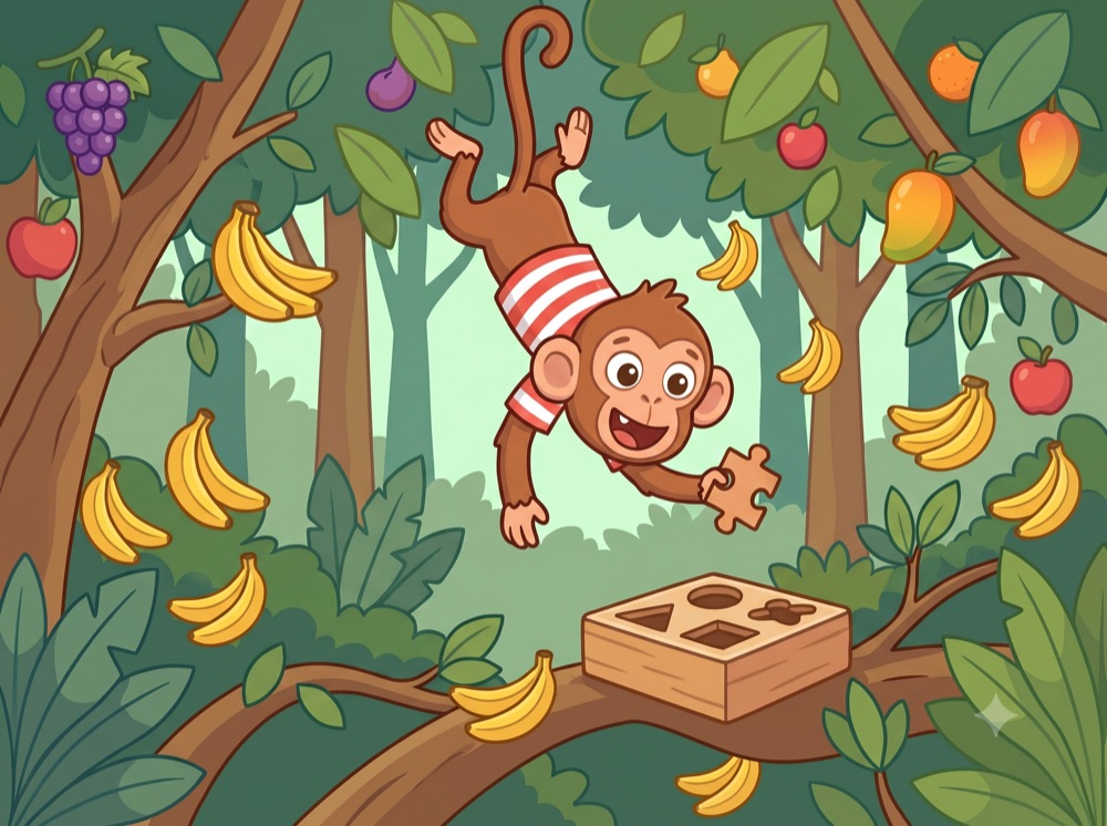 Mango the monkey swinging by his tail through a jungle full of bananas and fruit, holding a puzzle piece.